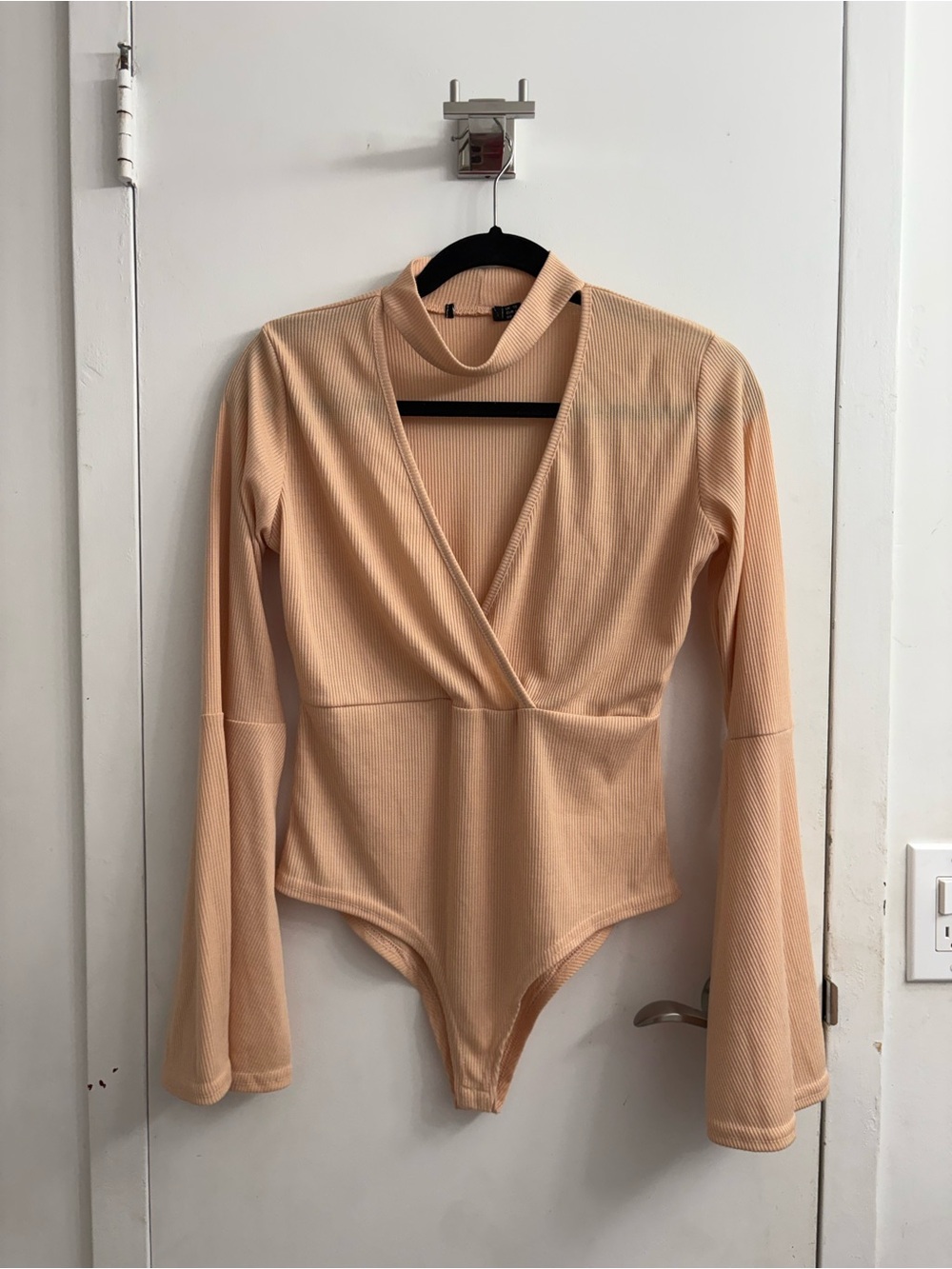 Peach Ribbed V-Neck Long Sleeve Bodysuit size US 8